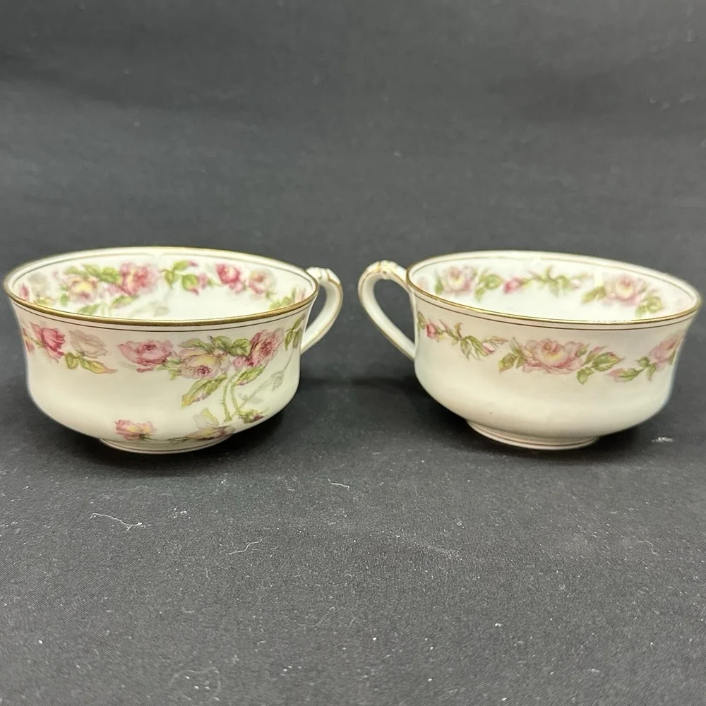 Haviland Limoges 'The Amstel' Bouillon Cups, Gold Pink Roses, Antique, Set of 2